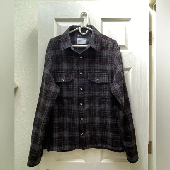 PURPLE-BRAND | 100% Wool Button Down Flannel Plaid Shirt Large - Picture 14 of 16